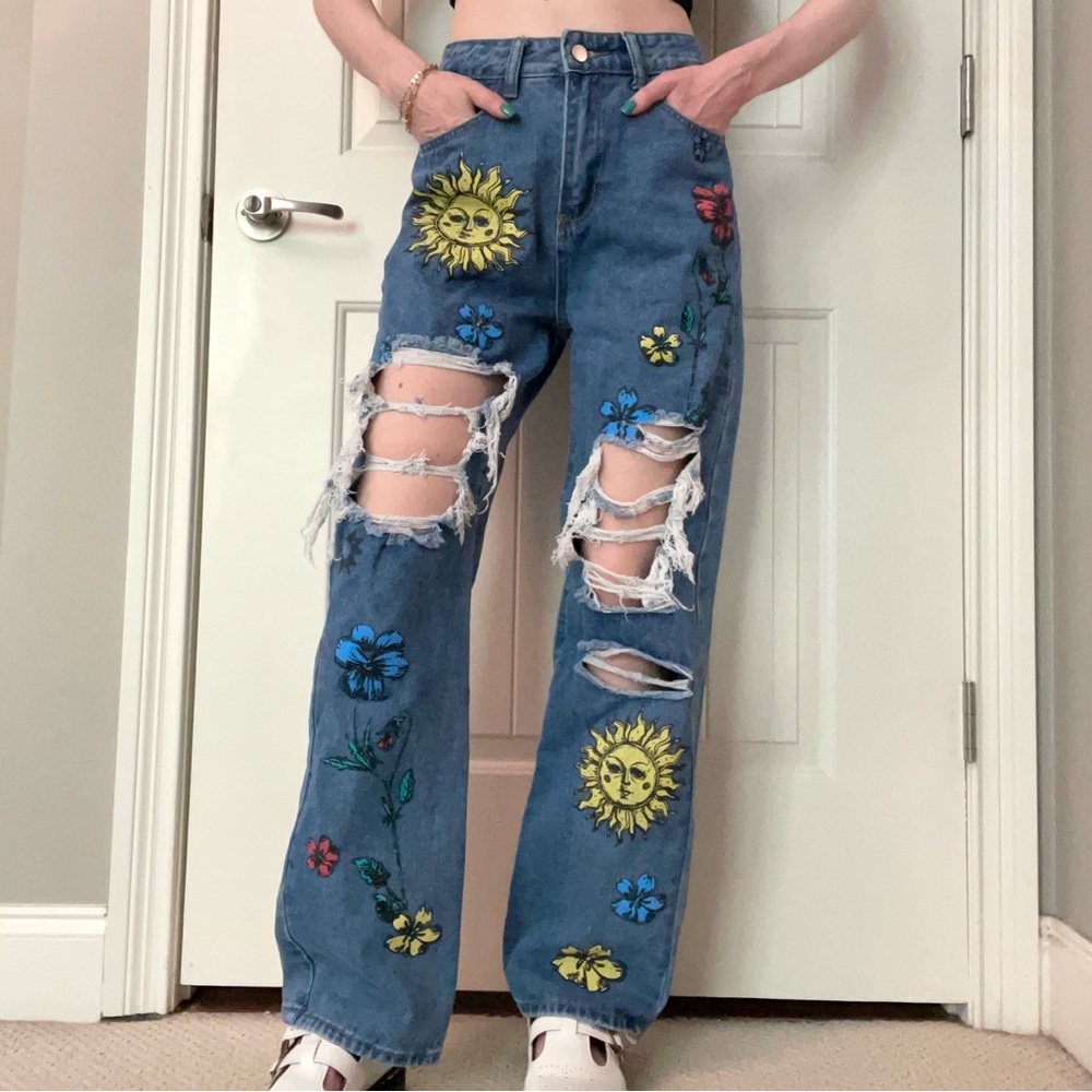 SHEIN women’s baggy distressed printed high waist straight leg jeans